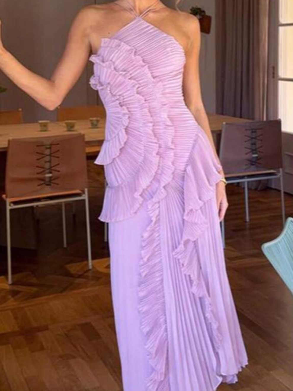 Shein Elegant One-Shoulder Lavender Ruffle Maxi Dress